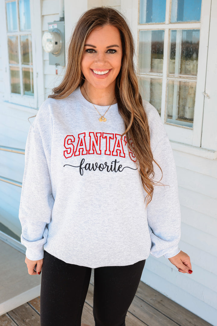 Santa's Favorite Embroidered Sweatshirt - Ash Grey