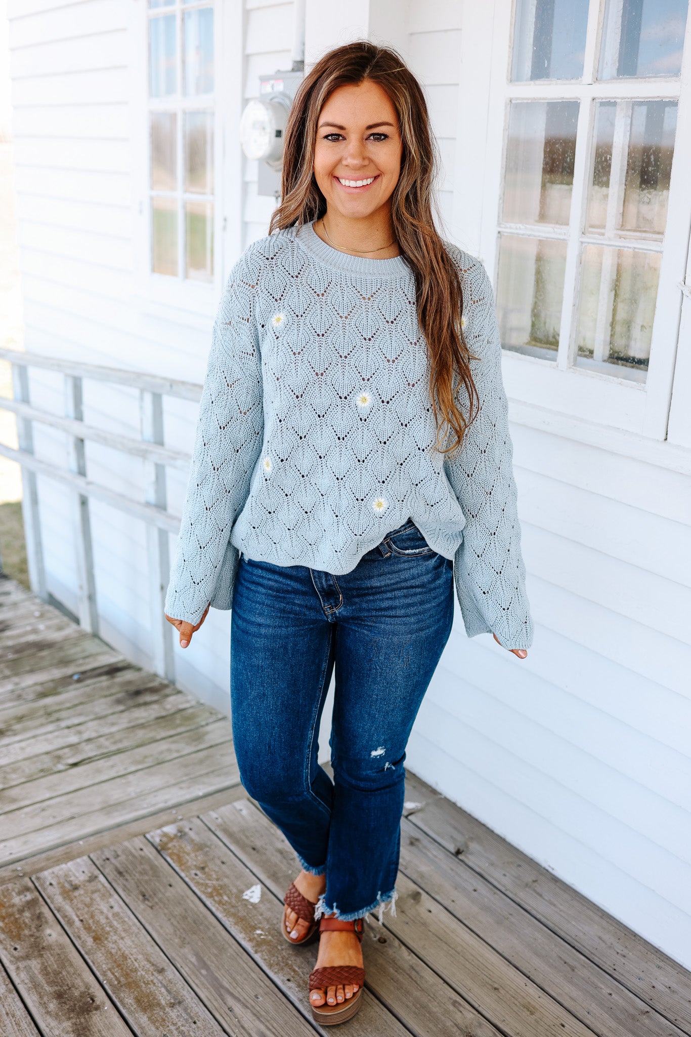 Daisy Embroidered Bell Sleeve Sweater - Sky
