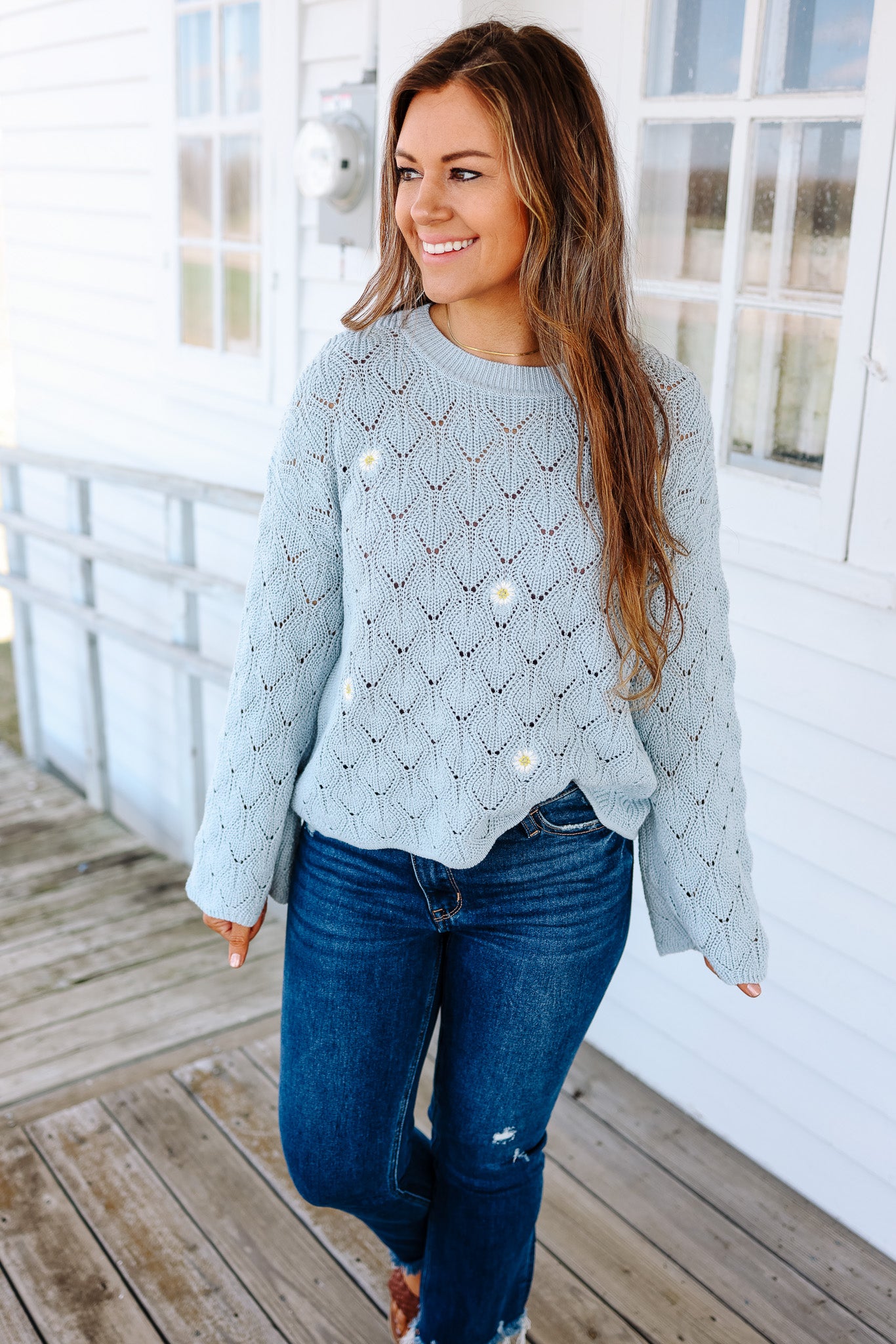 Daisy Embroidered Bell Sleeve Sweater - Sky
