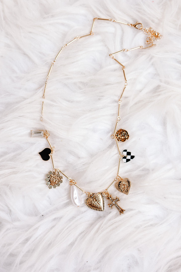Rose Heart Checker Cross Charm Necklace