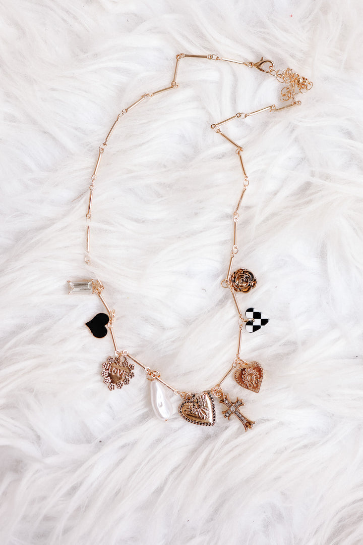 Rose Heart Checker Cross Charm Necklace