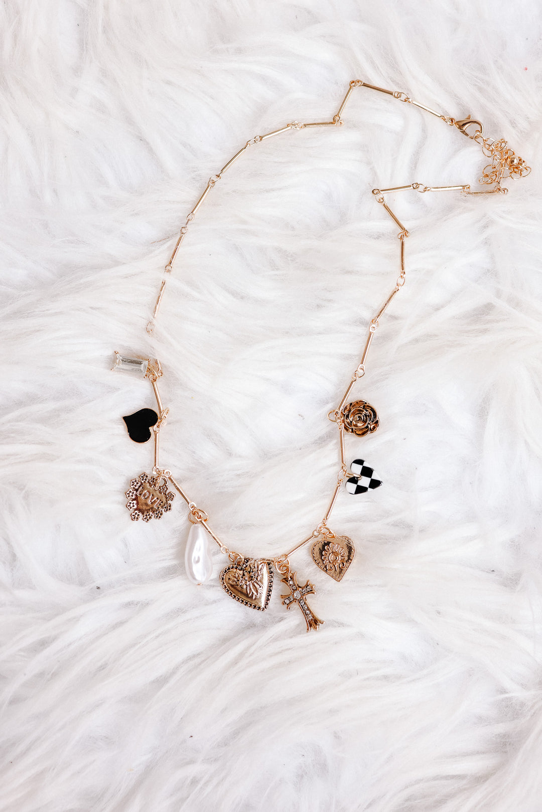 Rose Heart Checker Cross Charm Necklace