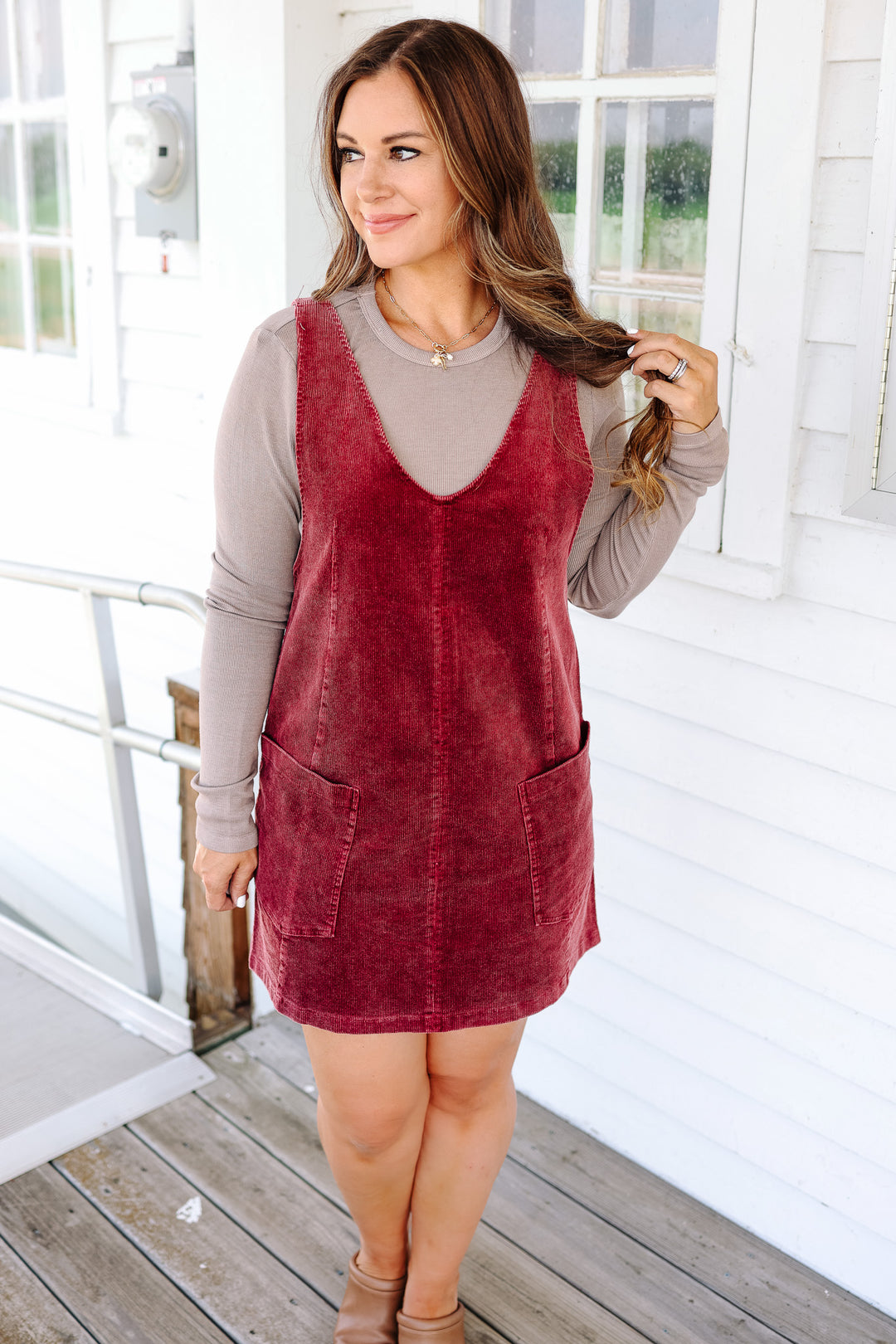 Brynn Corduroy Overall Dress - Raspberry