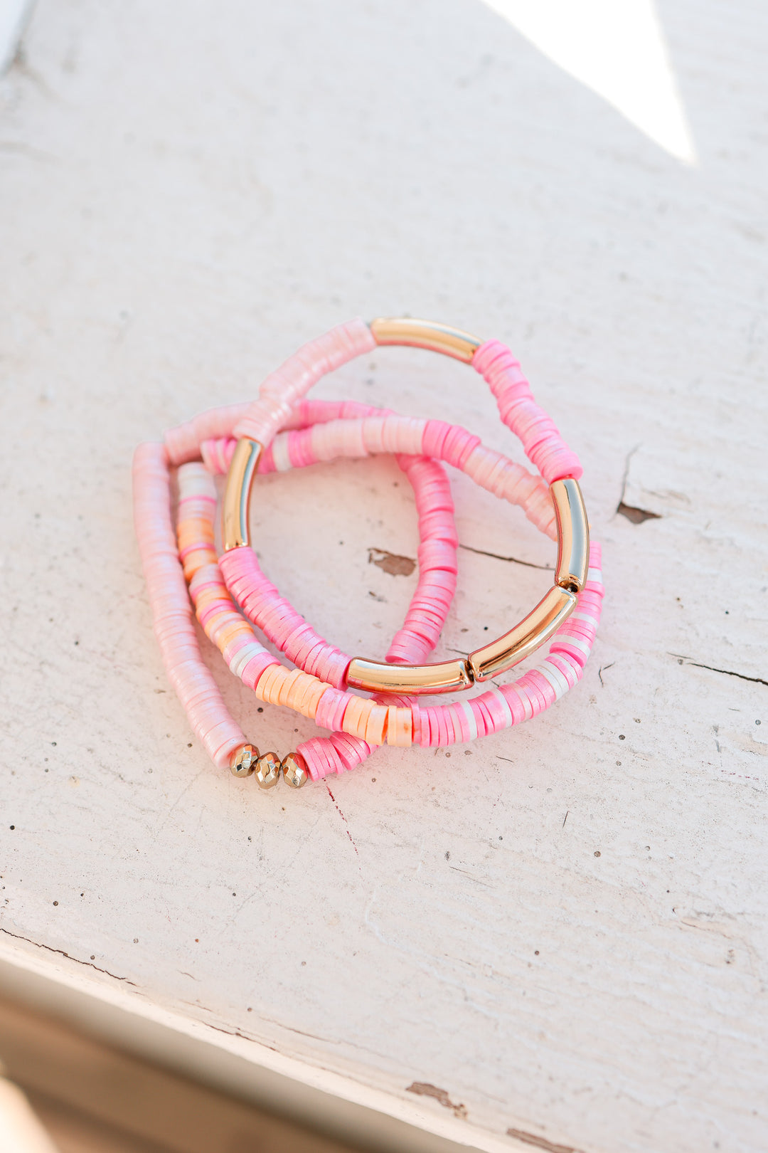 Gold-Accented Heishi Bead Stretch - Pink