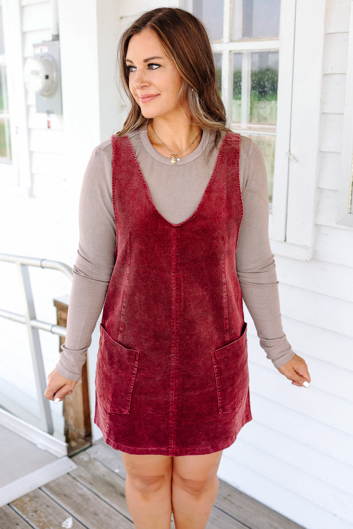 Brynn Corduroy Overall Dress - Raspberry