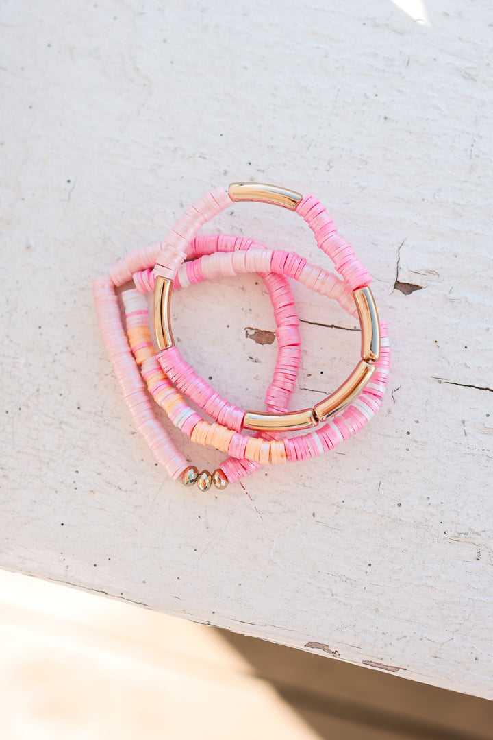 Gold-Accented Heishi Bead Stretch - Pink