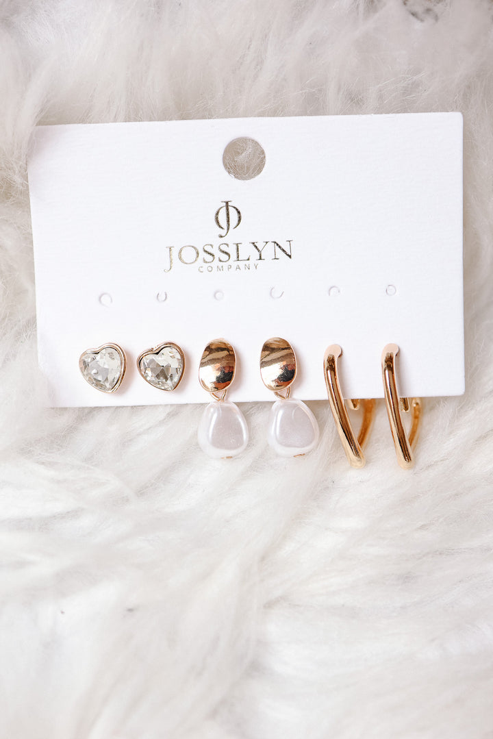 Trio Gold-Tone Pearl & Crystal Earring Set