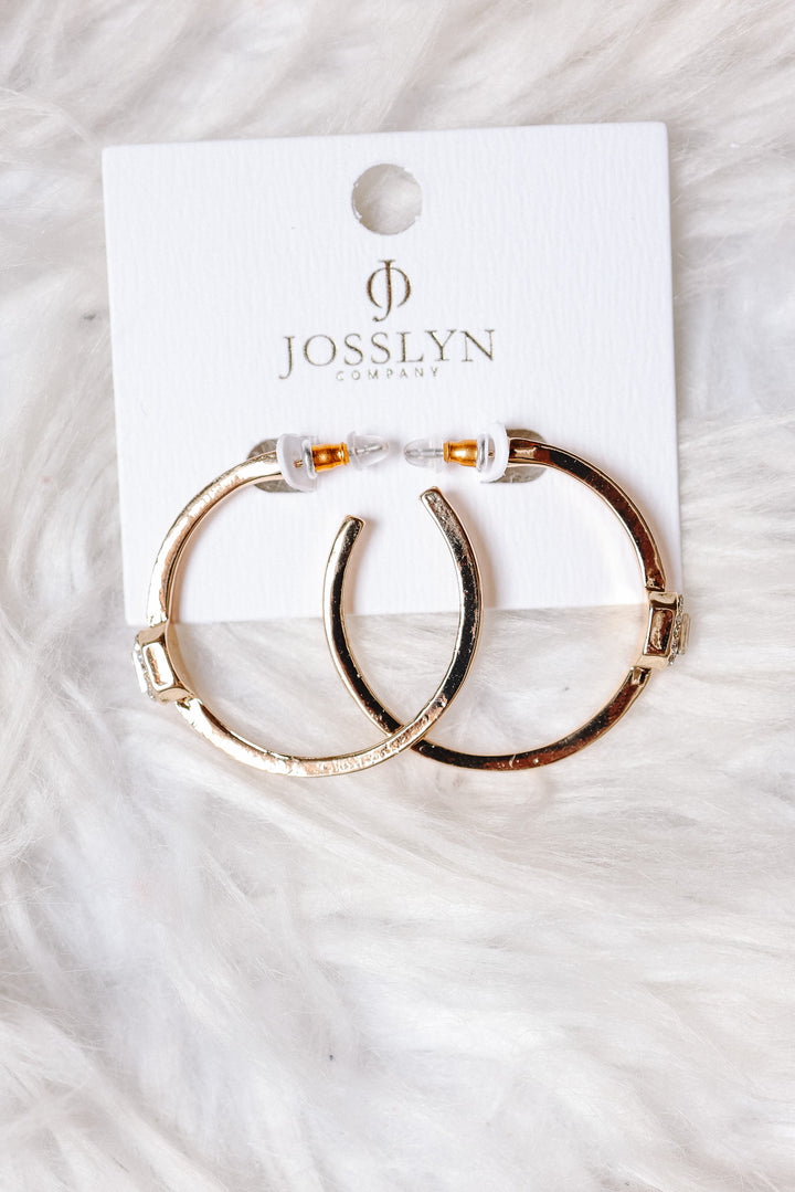 Solitaire Square Crystal Gold Hoop Earrings
