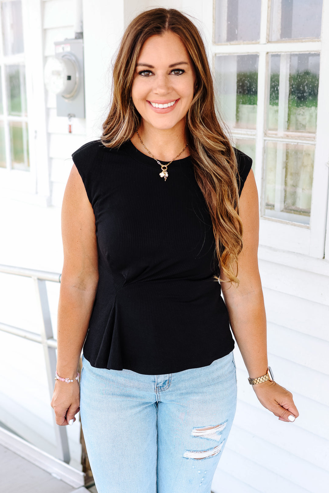 Lucy Ribbed Asymmetrical Top - Black