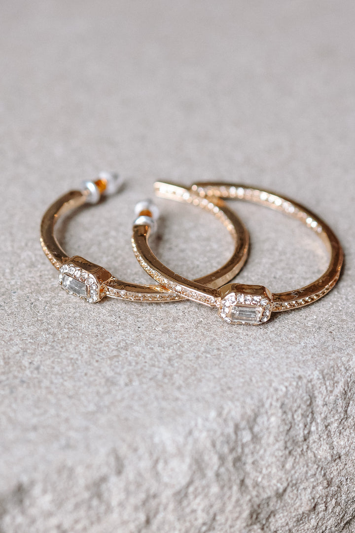 Solitaire Square Crystal Gold Hoop Earrings