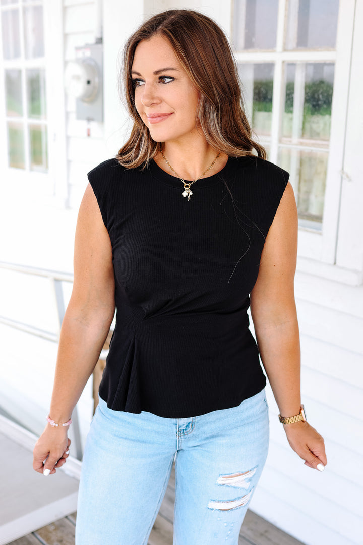 Lucy Ribbed Asymmetrical Top - Black