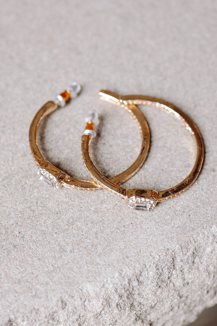 Solitaire Square Crystal Gold Hoop Earrings