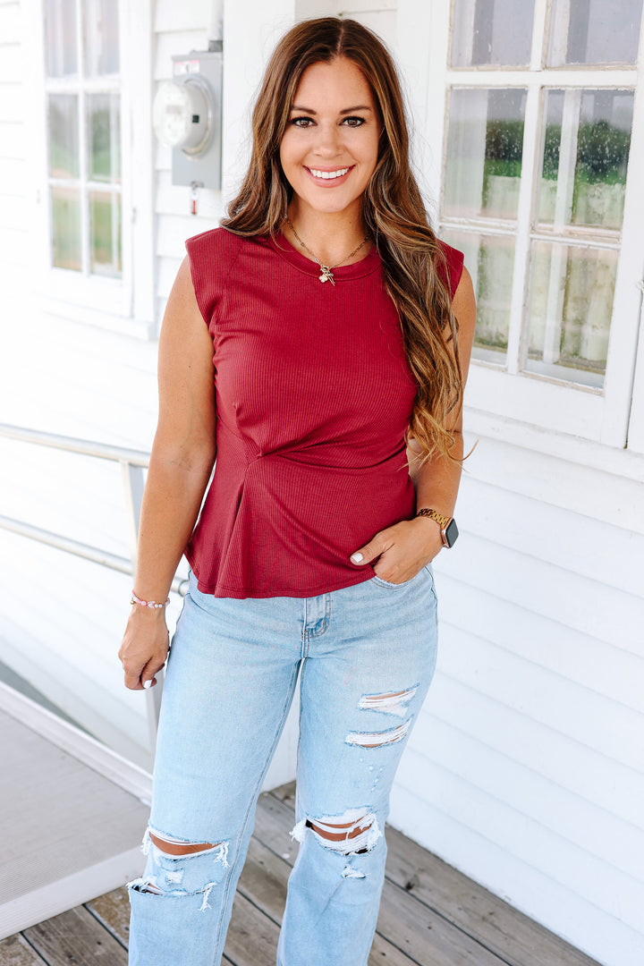 Lucy Ribbed Asymmetrical Top - Merlot