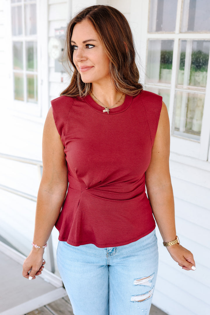 Lucy Ribbed Asymmetrical Top - Merlot