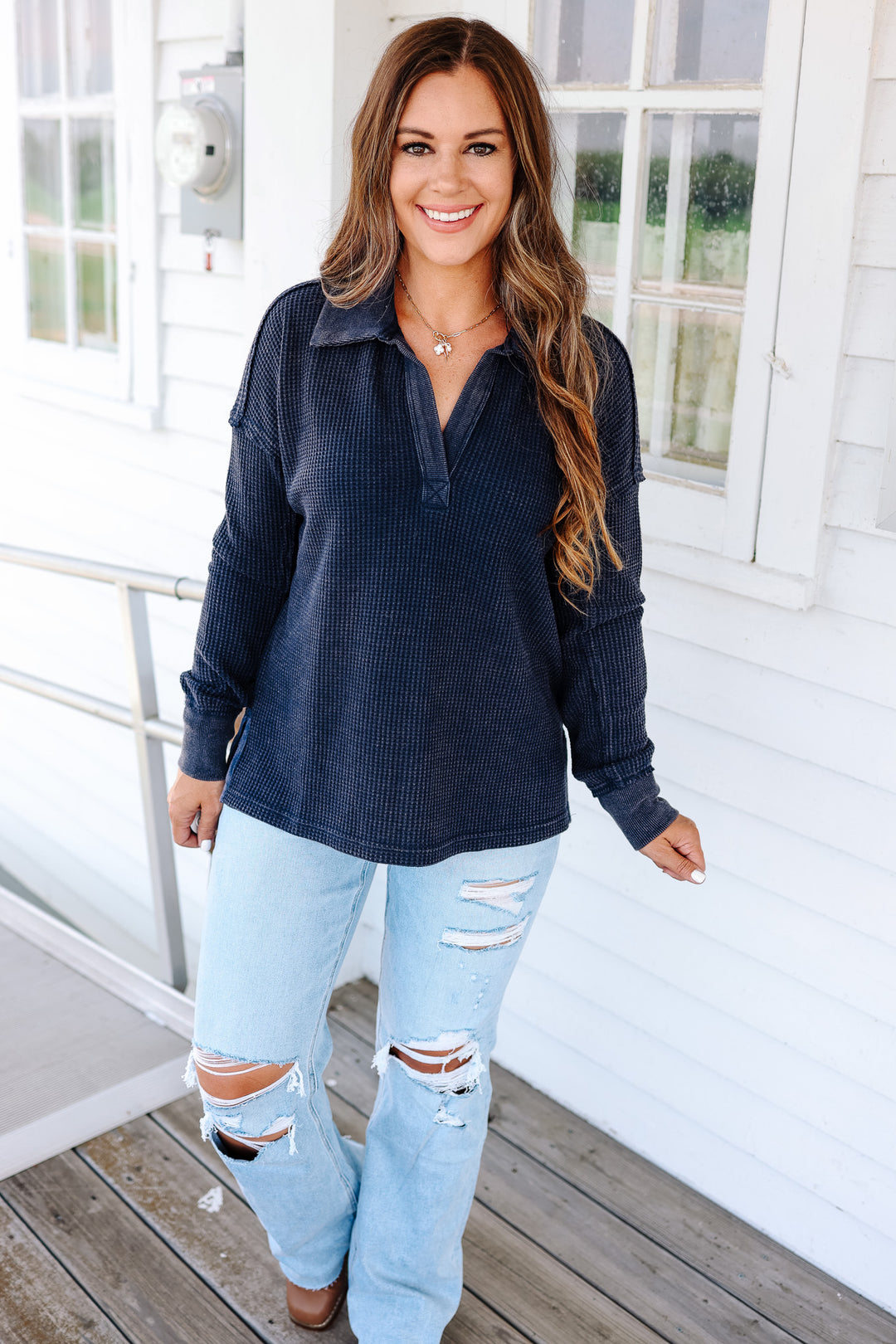 Erin Washed Thermal Top - Navy