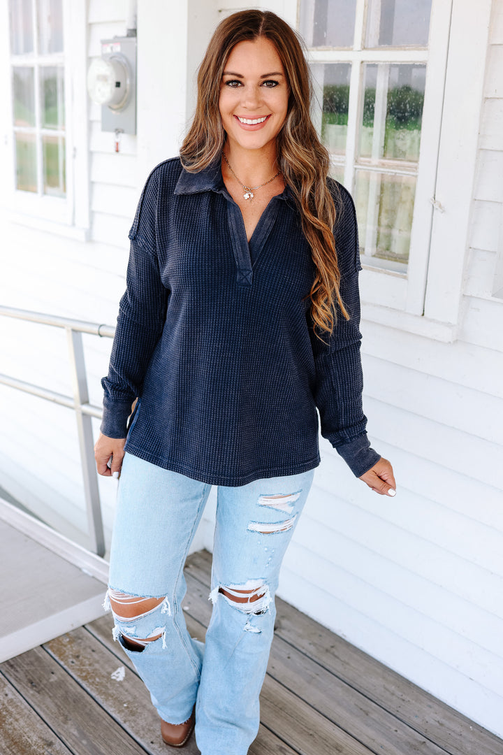 Erin Washed Thermal Top - Navy