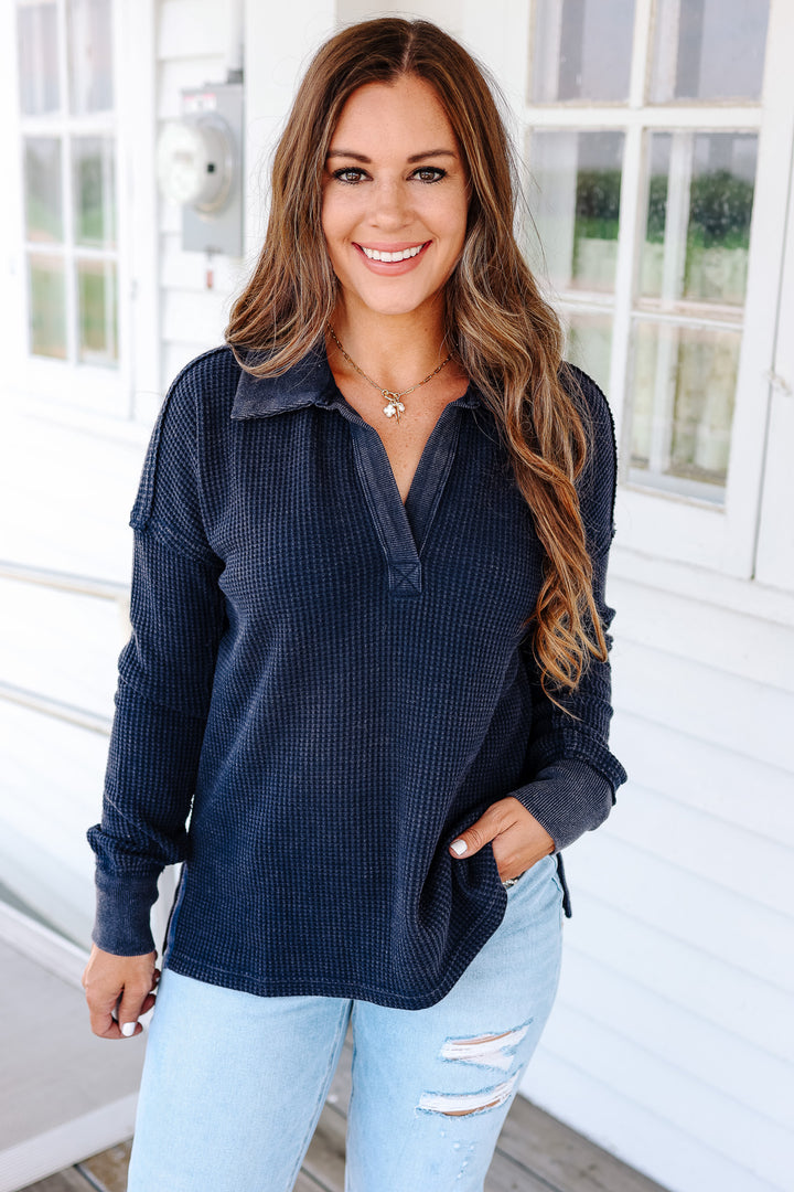 Erin Washed Thermal Top - Navy