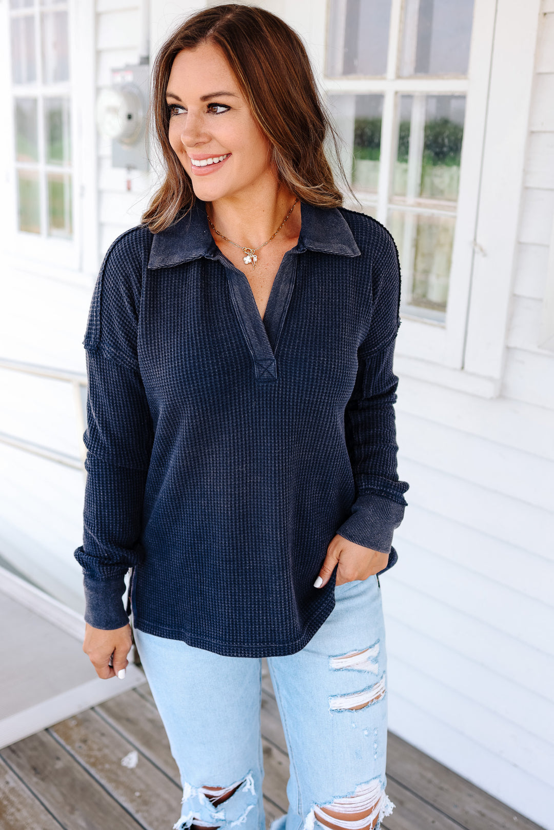 Erin Washed Thermal Top - Navy
