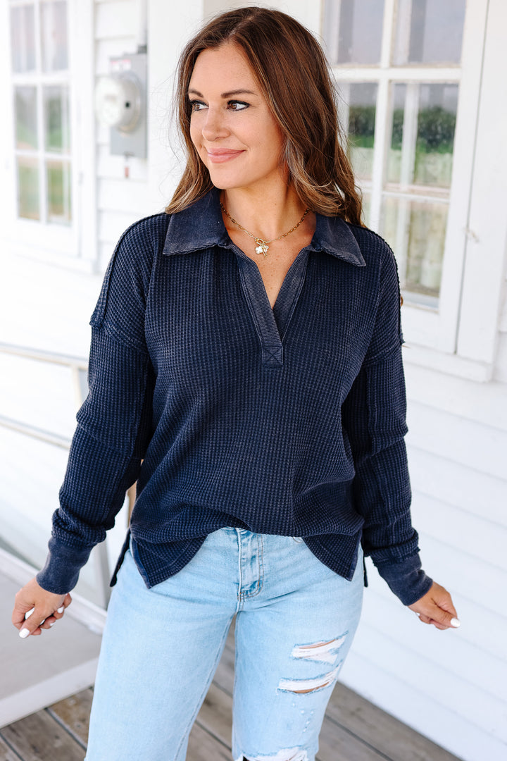 Erin Washed Thermal Top - Navy