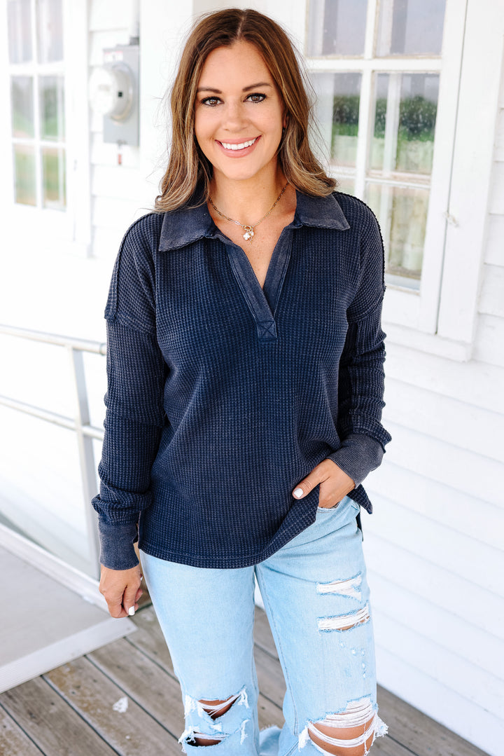 Erin Washed Thermal Top - Navy