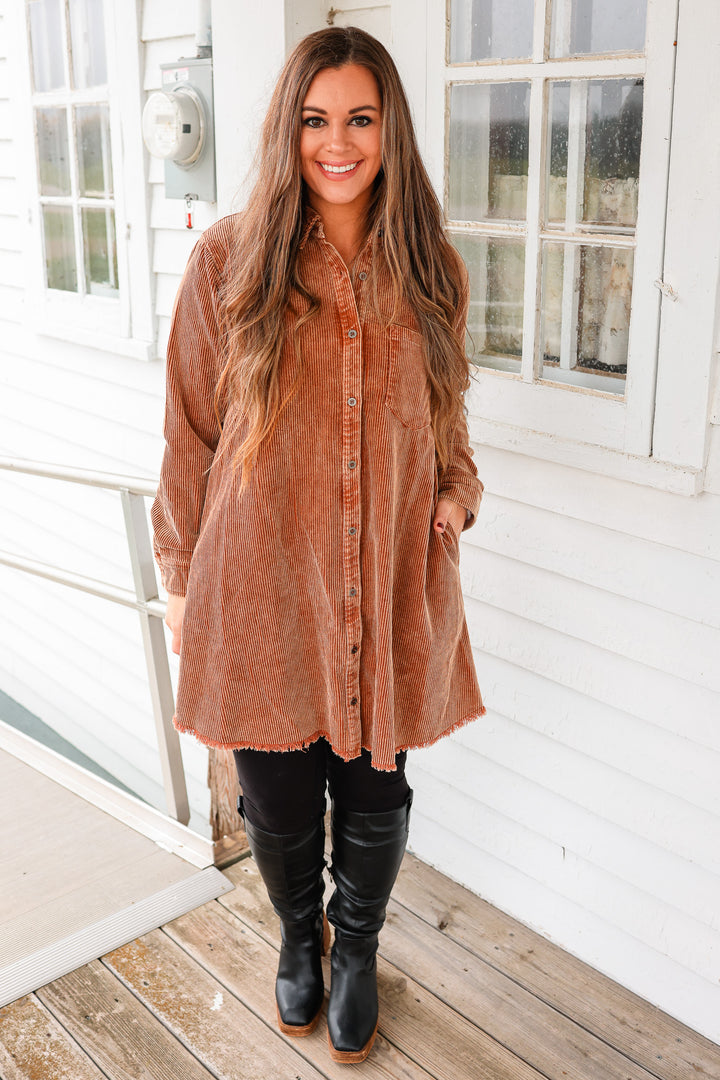 Reese Rustic Washed Corduroy Shirt Dress - Camel