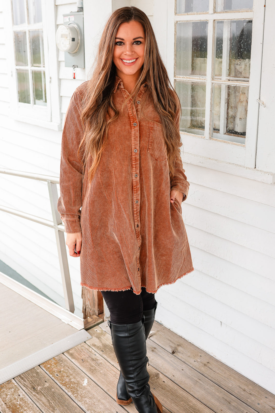 Reese Rustic Washed Corduroy Shirt Dress - Camel