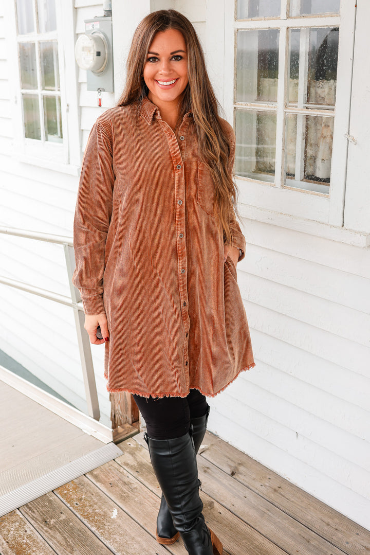 Reese Rustic Washed Corduroy Shirt Dress - Camel