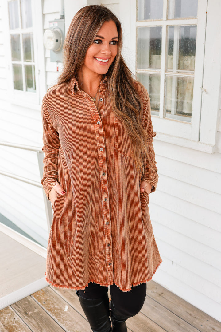 Reese Rustic Washed Corduroy Shirt Dress - Camel