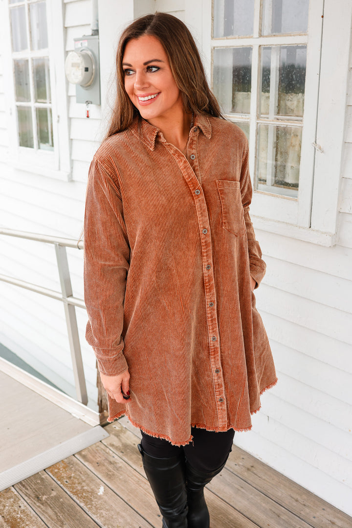 Reese Rustic Washed Corduroy Shirt Dress - Camel