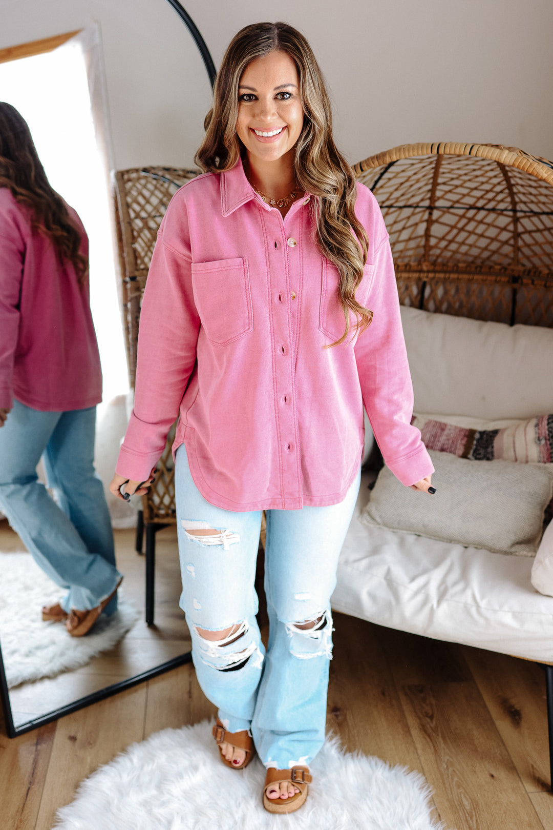 Darcy Button Down Knit Shacket - Pink