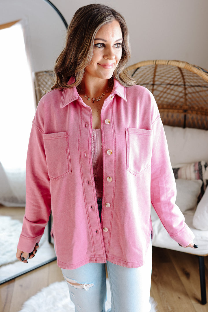 Darcy Button Down Knit Shacket - Pink