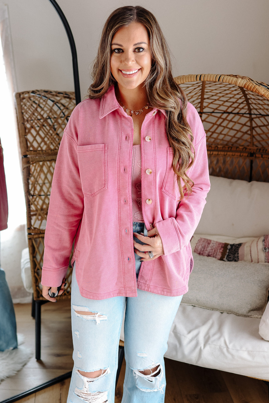 Darcy Button Down Knit Shacket - Pink