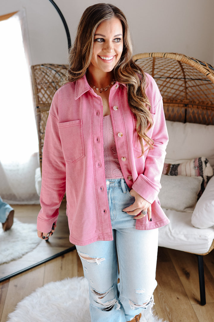 Darcy Button Down Knit Shacket - Pink