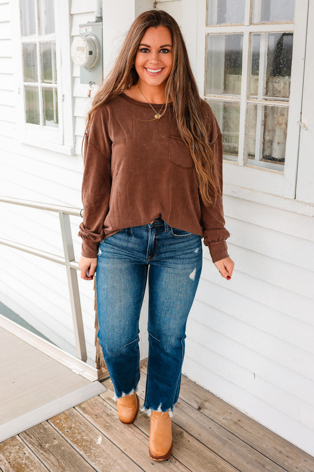 Marlowe Long Sleeve Pocket Top - Brown