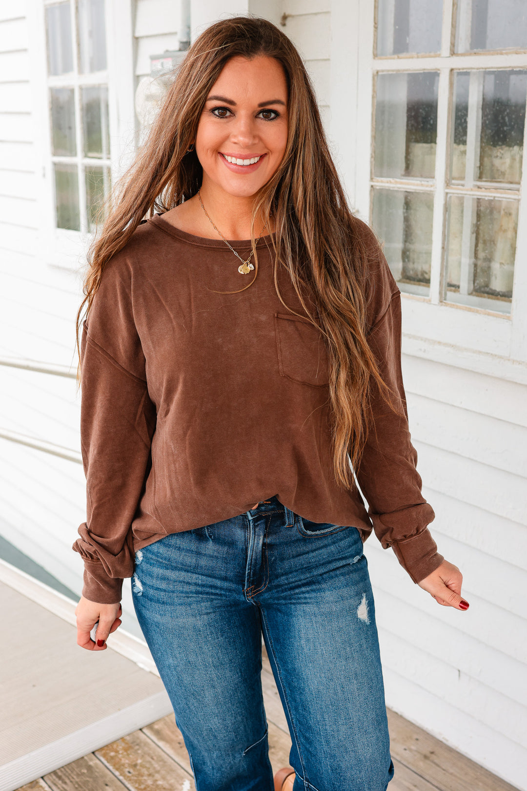 Marlowe Long Sleeve Pocket Top - Brown
