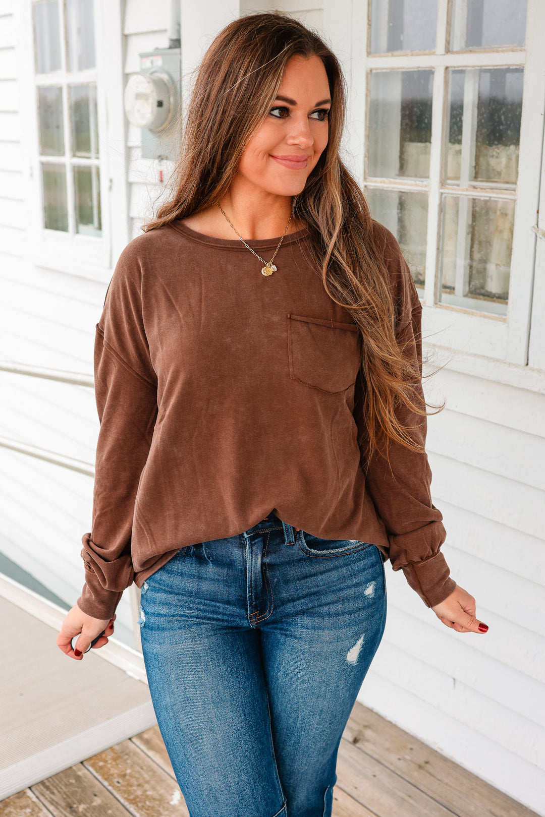Marlowe Long Sleeve Pocket Top - Brown