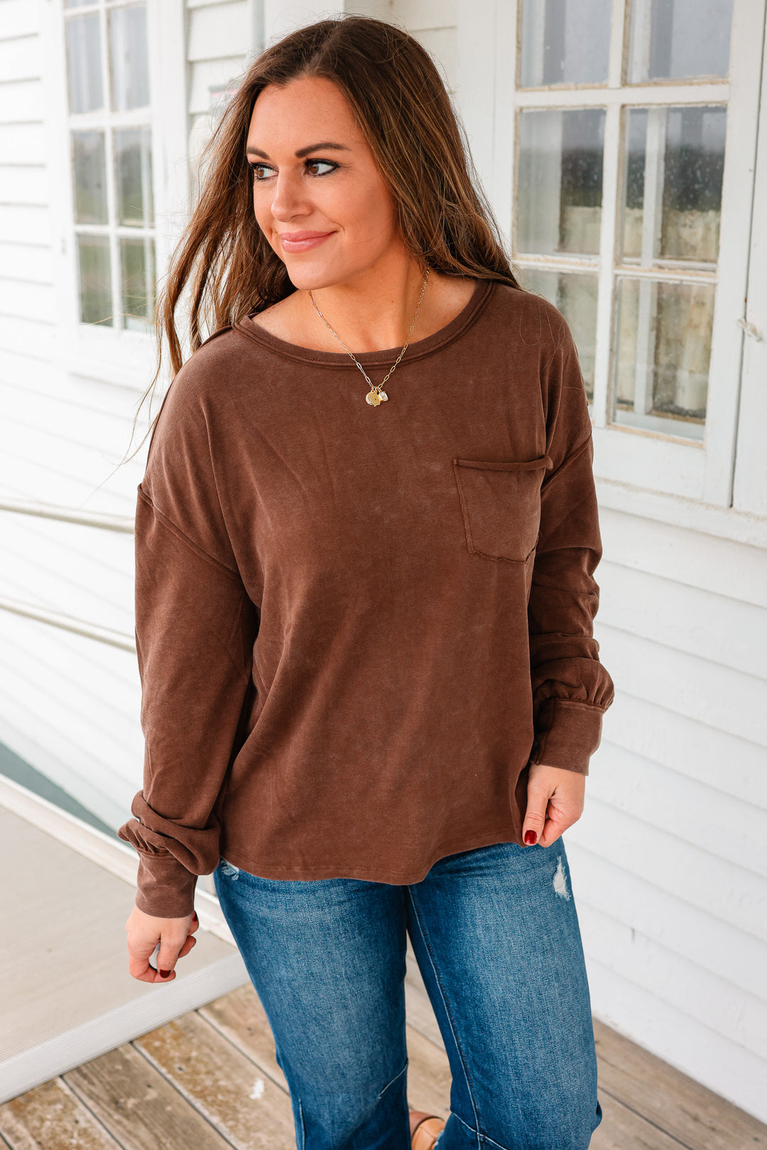Marlowe Long Sleeve Pocket Top - Brown