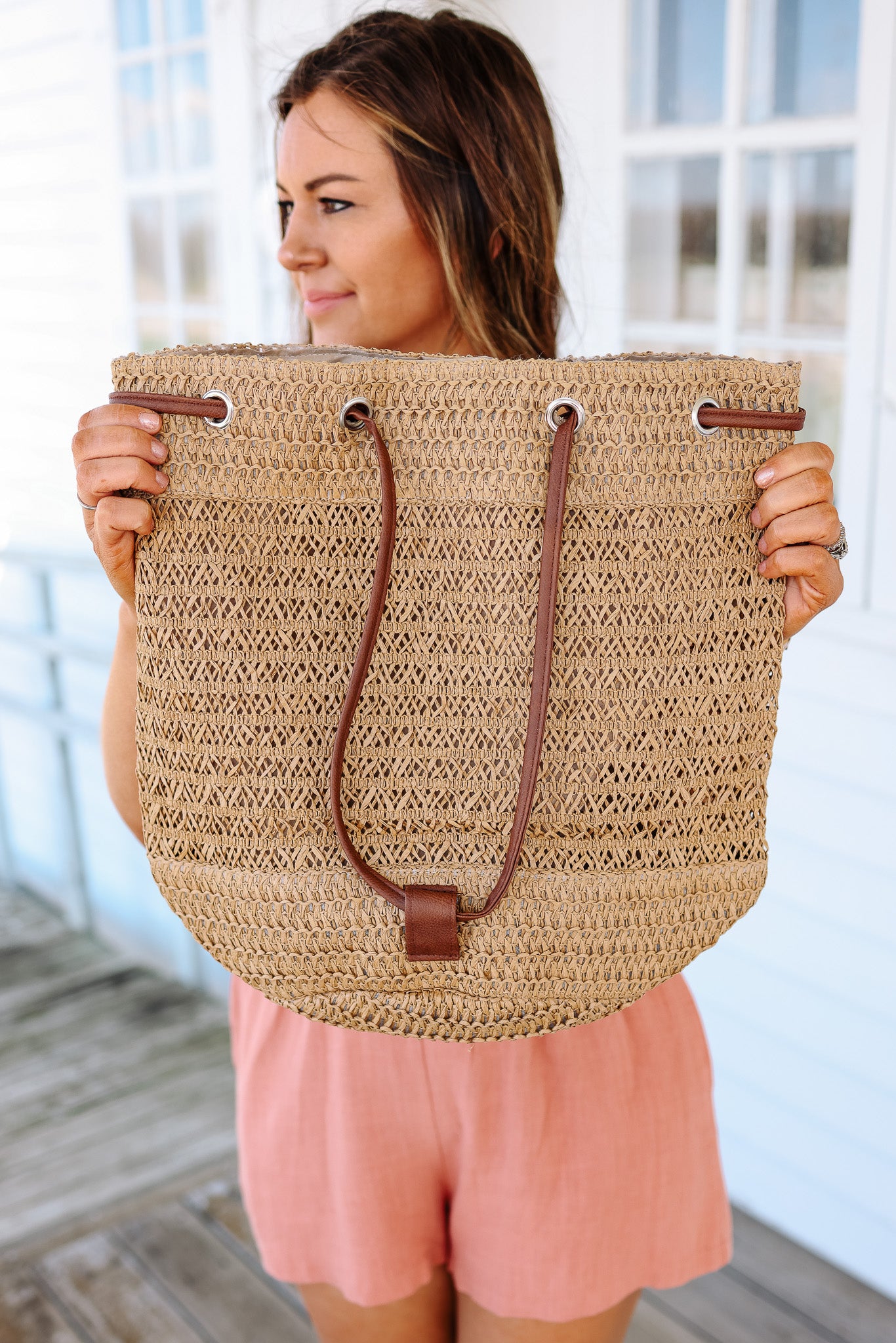 Drawstring Crochet Backpack - Taupe