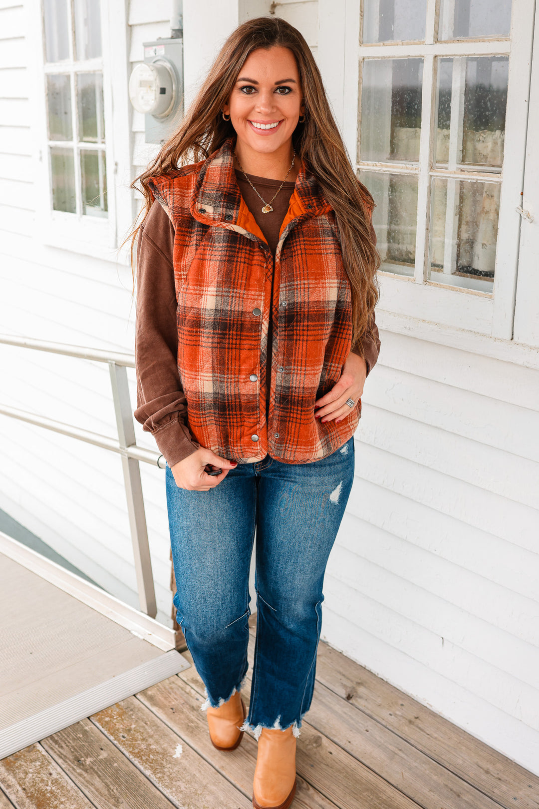 Fallon Plaid Quilted Vest - Rust