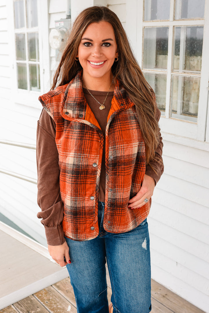 Fallon Plaid Quilted Vest - Rust