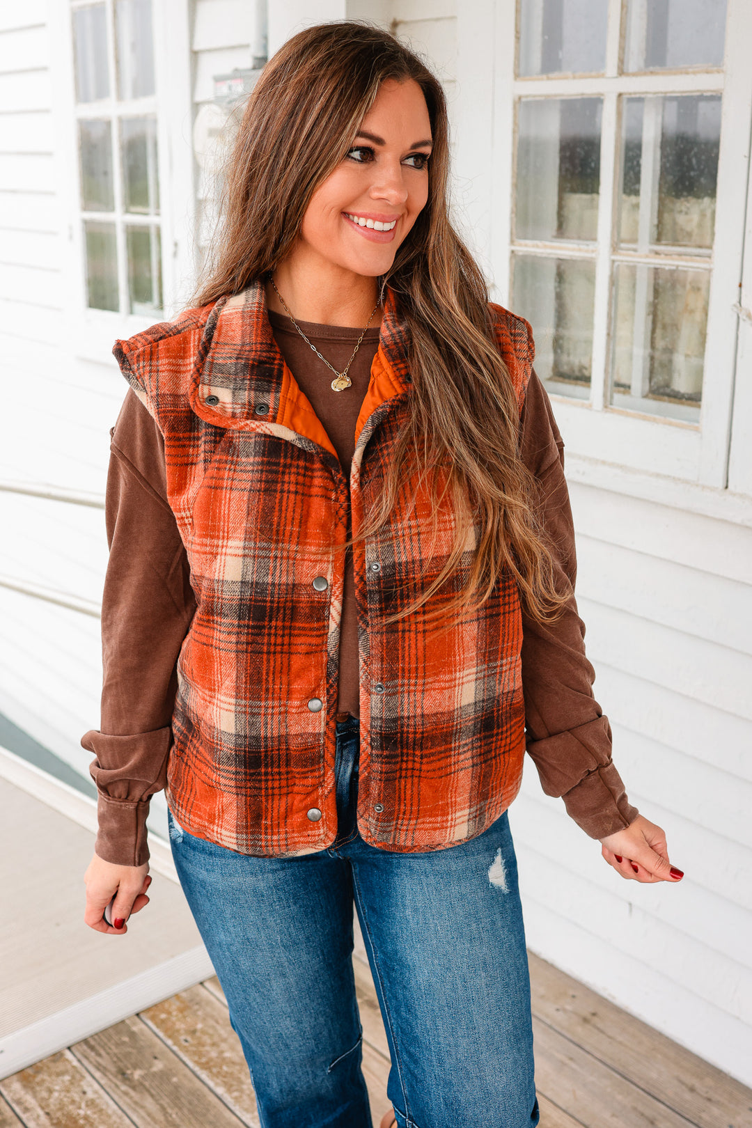 Fallon Plaid Quilted Vest - Rust