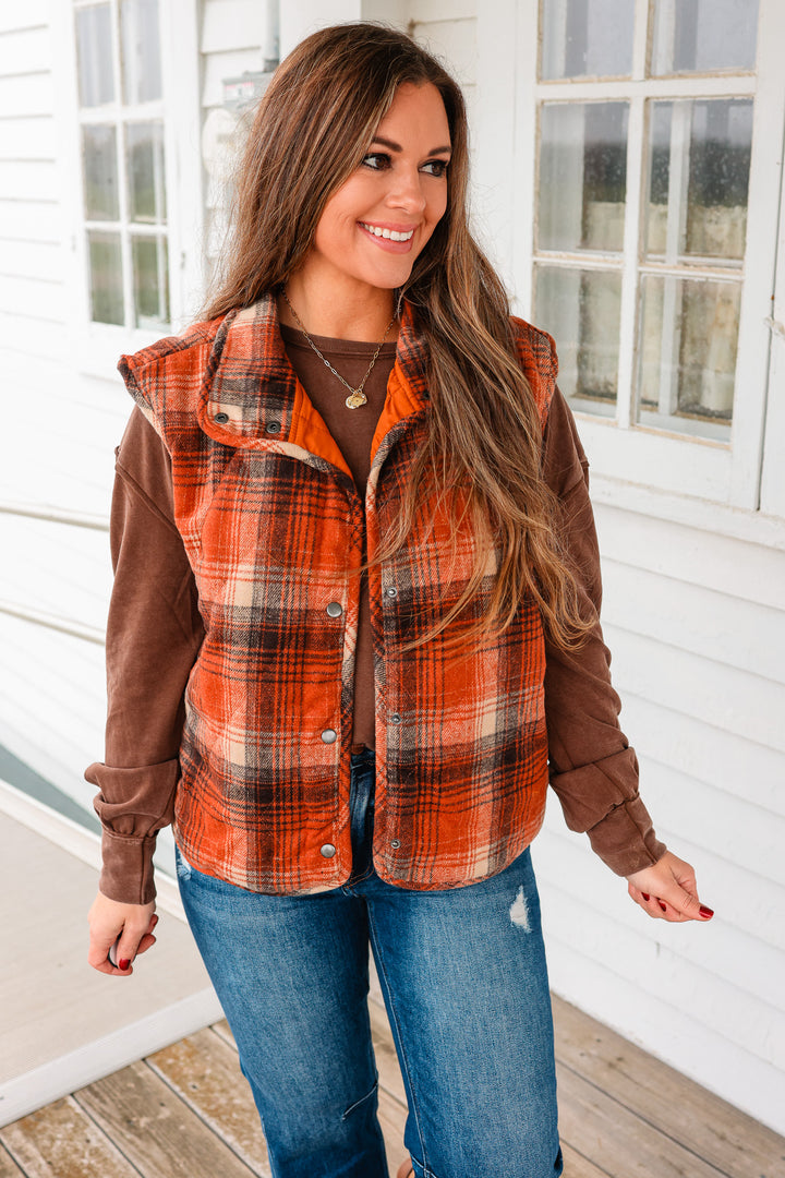 Fallon Plaid Quilted Vest - Rust