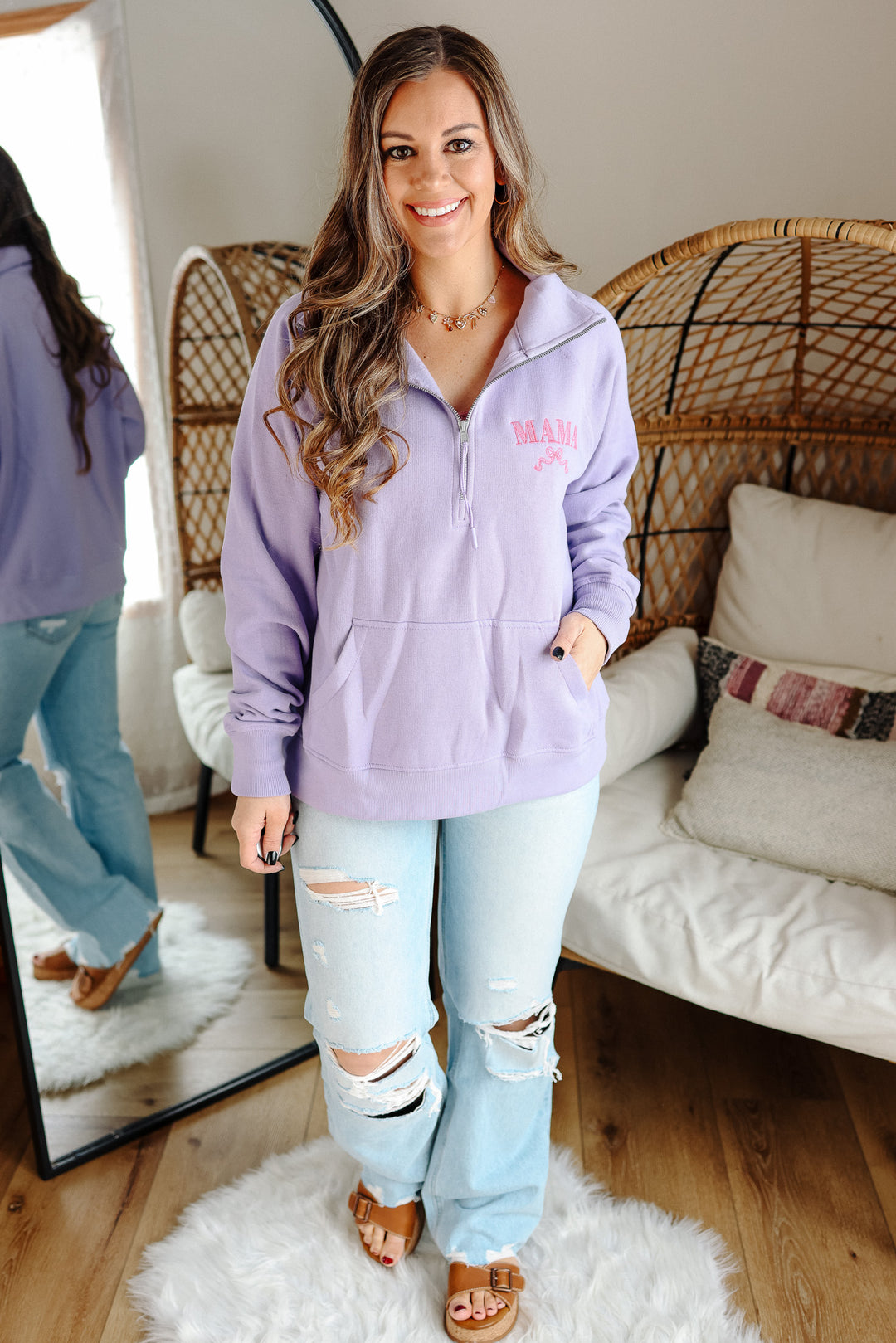 MAMA Ribbon Embroidered Half Zip - Orchid