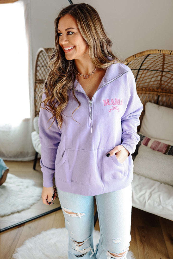 MAMA Ribbon Embroidered Half Zip - Orchid