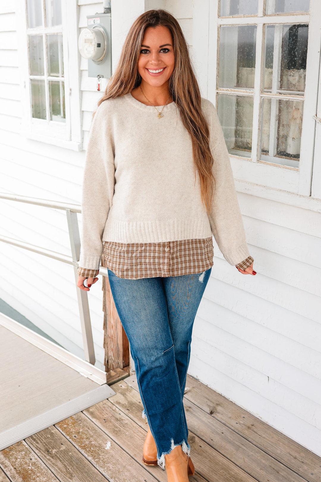 Sylvie Layered Plaid Hem Sweater - Light Oatmeal