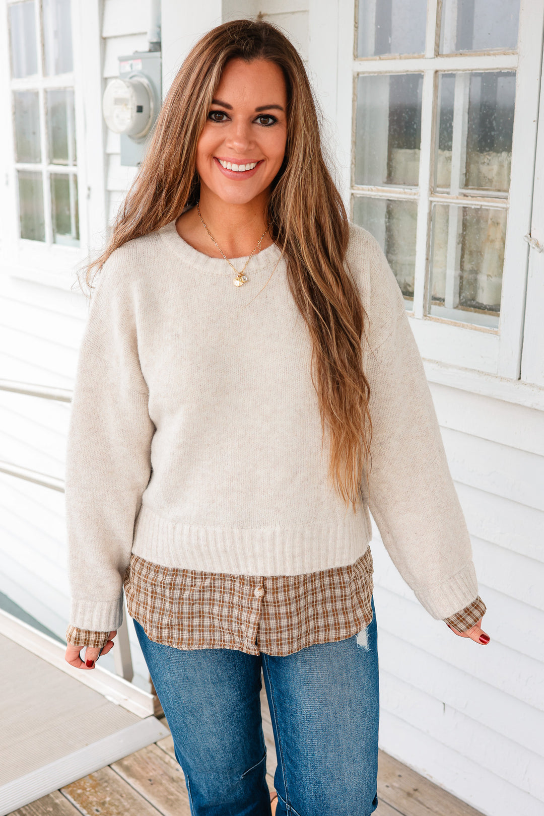 Sylvie Layered Plaid Hem Sweater - Light Oatmeal
