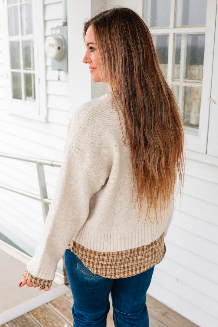 Sylvie Layered Plaid Hem Sweater - Light Oatmeal