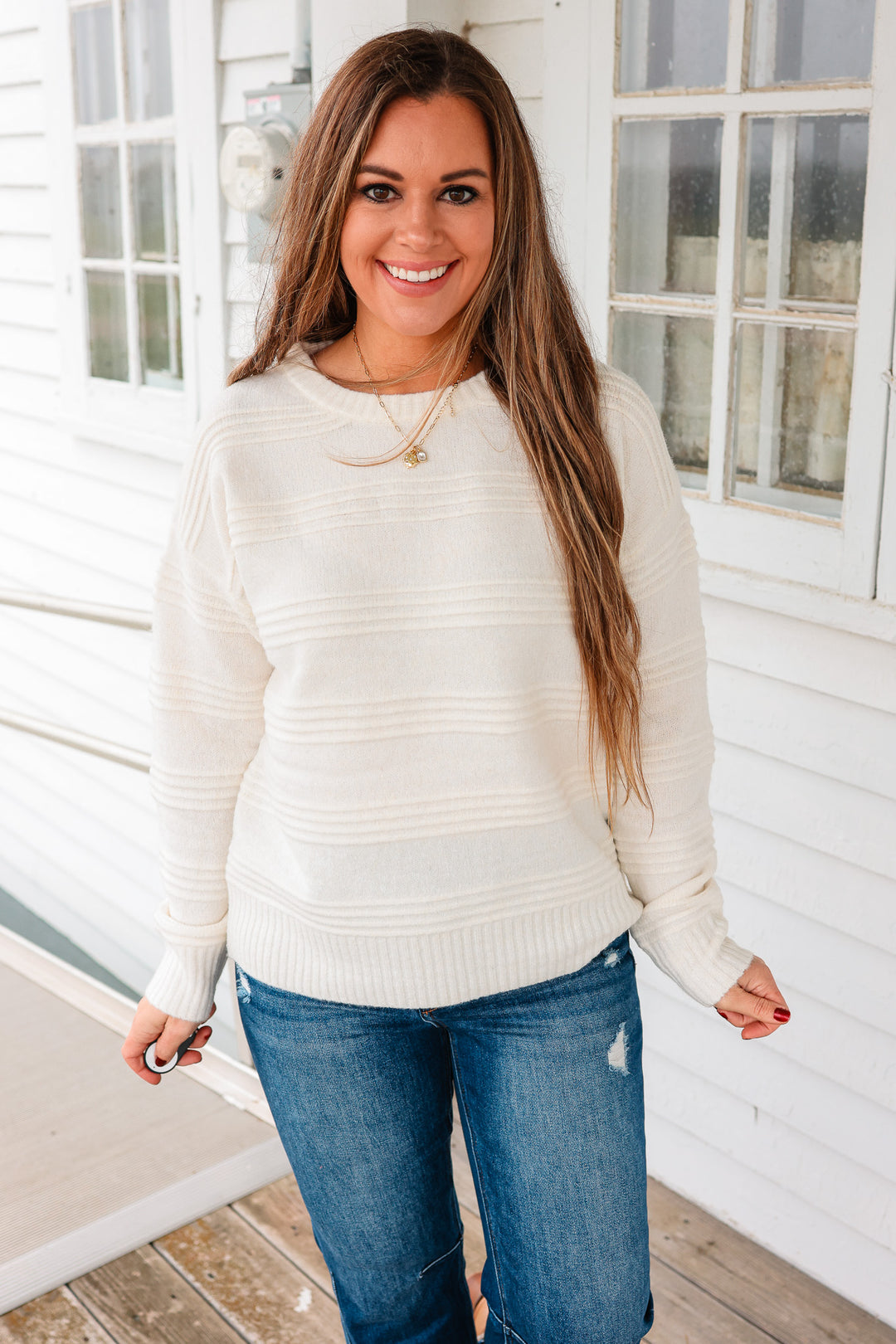 Maggie Pintuck Stripe Fuzzy Sweater - Ivory