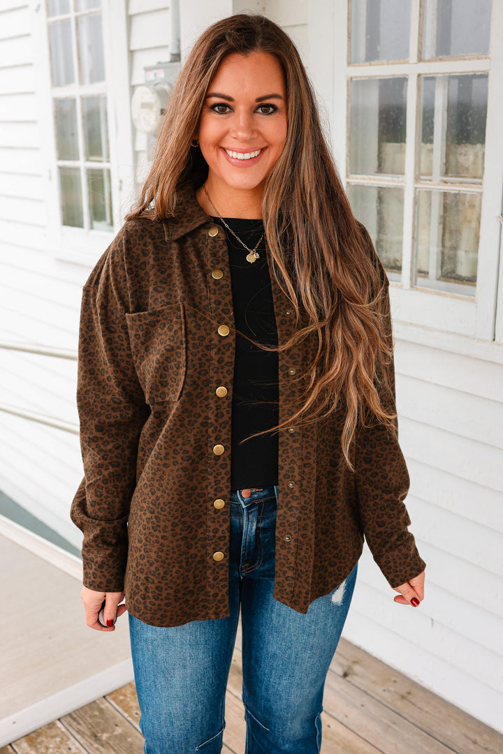 Baylor Leopard Button Down Shacket - Tobacco Brown