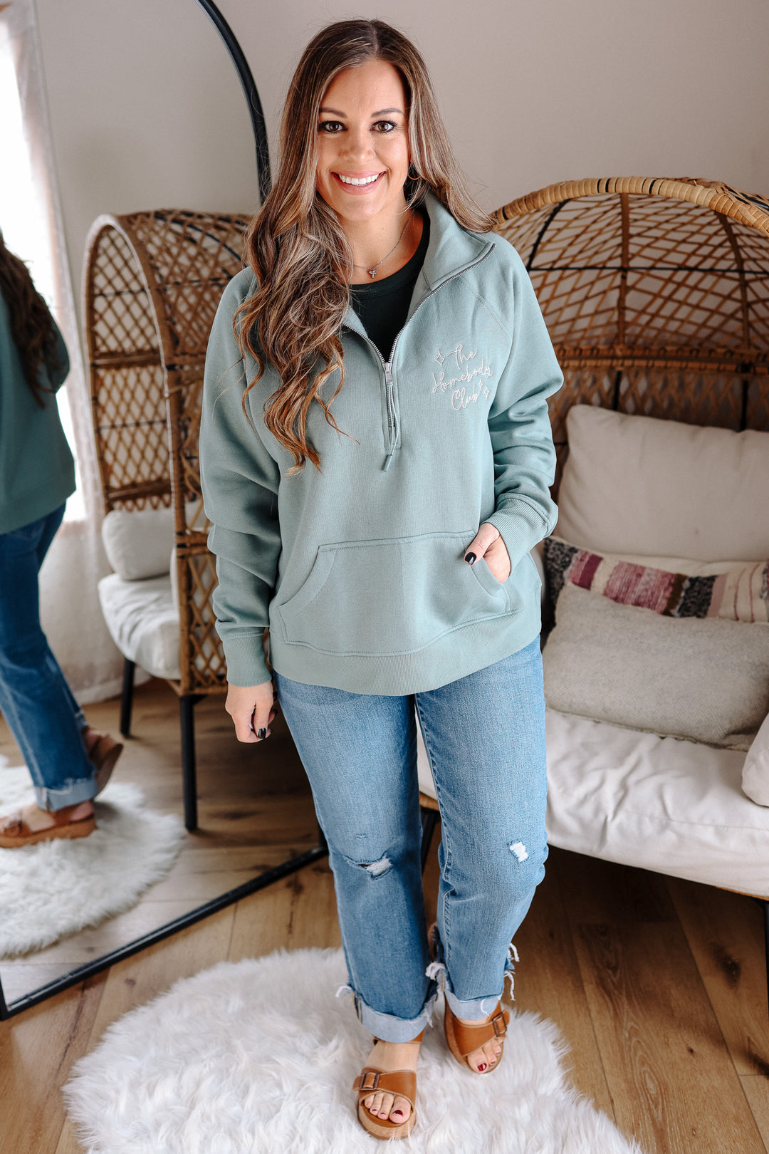 The Homebody Club Embroidered Half Zip - Sea Sage